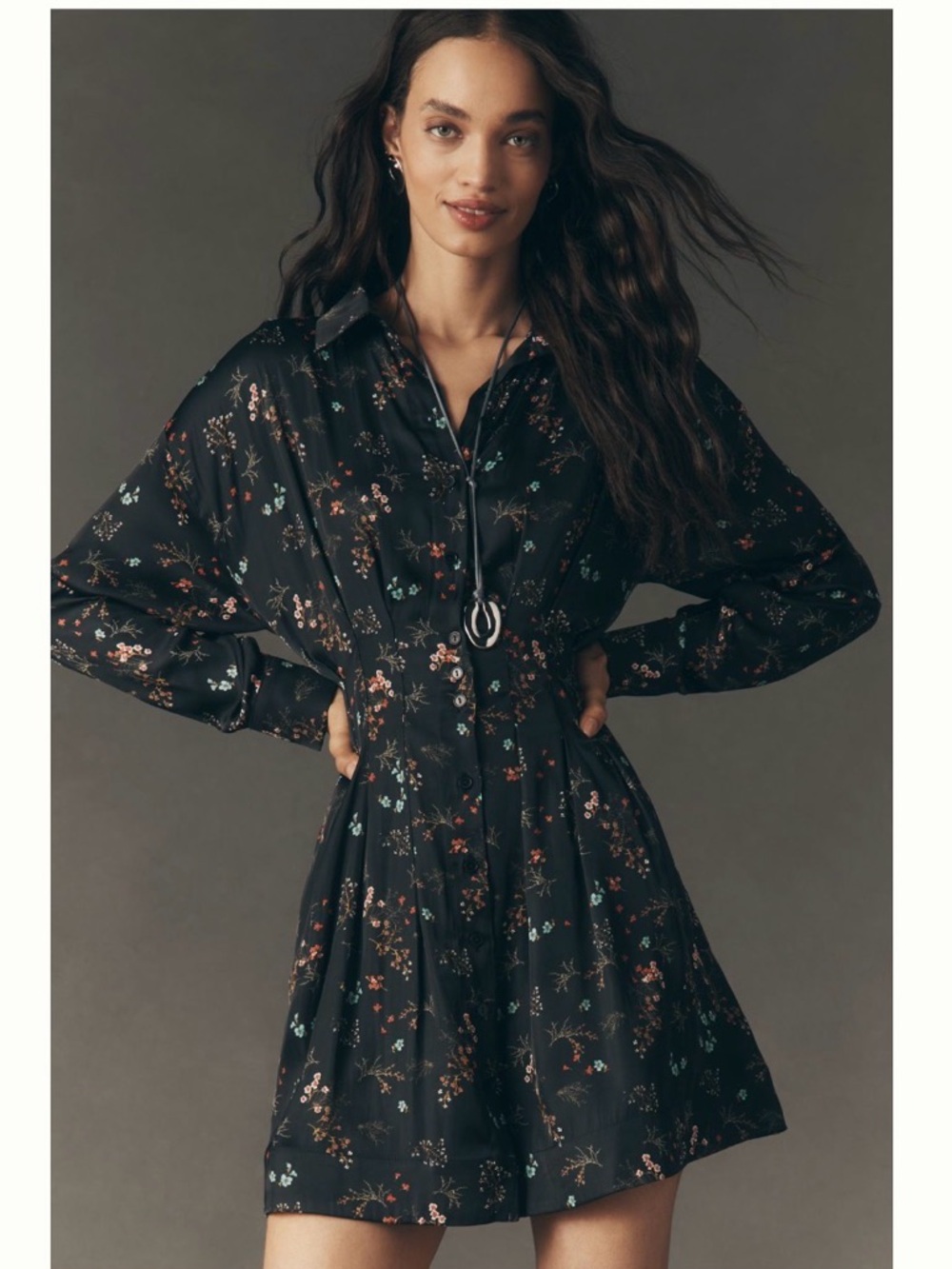 The Tobie Long-Sleeve Satin Mini
Shirt Dress by Exquise